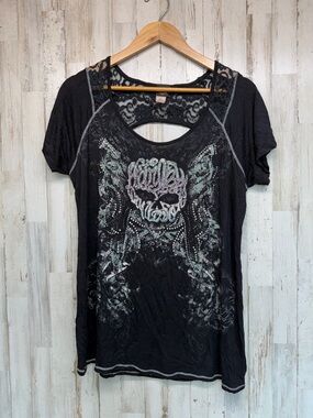 Harley Davidson Women’s 2XL Black Lace Skull Graphic Tee Studded Y2K Top